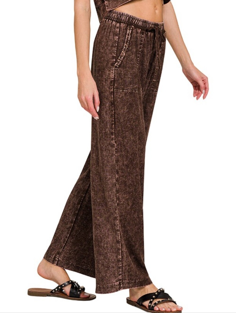 Zenana Outfitters Mineral-Wash Wide Leg Joggers - Brown